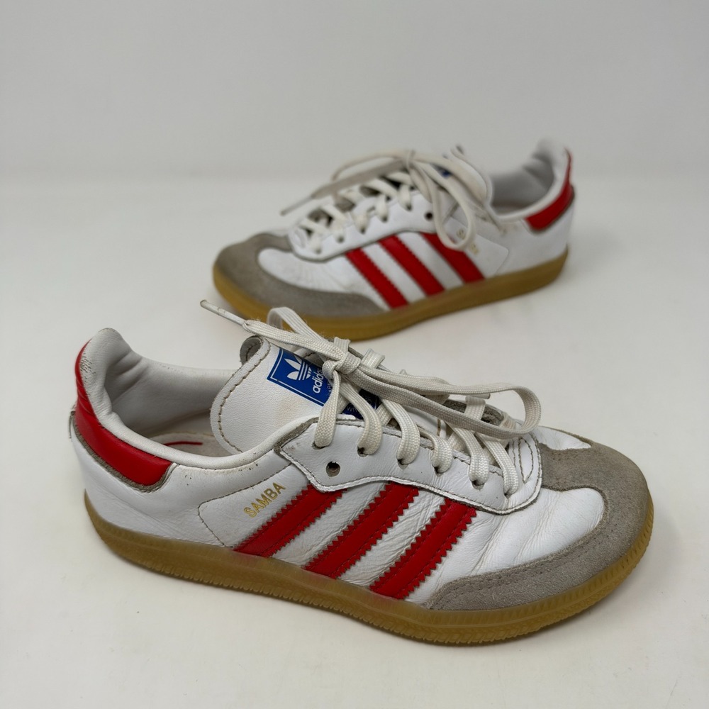 Adidas Samba White/Red/Gray Leather Low Top Lace-Up Sneaker Unisex Kids US 12